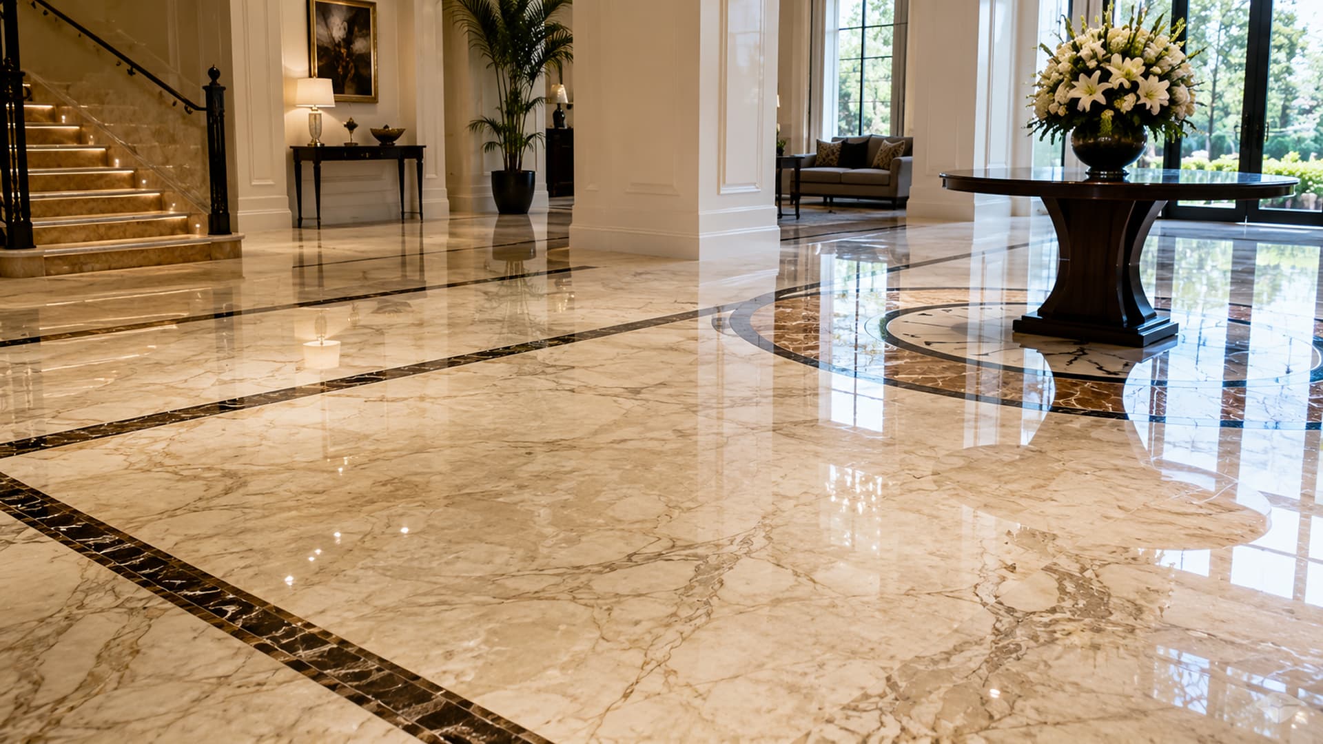 Marble floor being restored with diamond polishing equipment